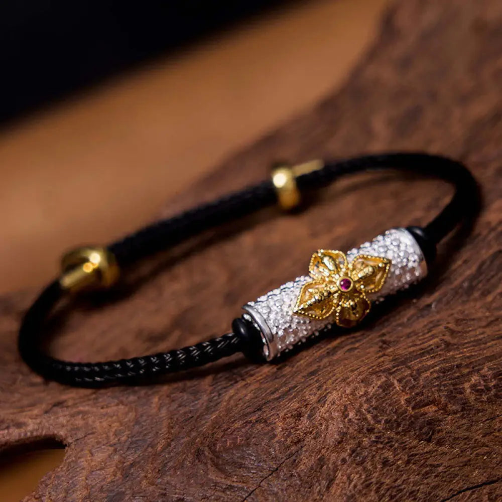 Buddha Stones Copper Luck Red String Bracelet - BWOOOH - Silver Gold Flower Black String(Wrist Circumference: 14-20cm)