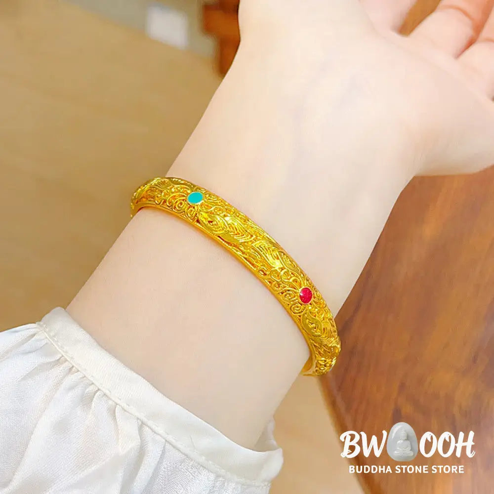 Buddha Stones Copper Plated Gold Flowers Leaves Luck Bracelet Bangle - BWOOOH - Bracelet Bangle