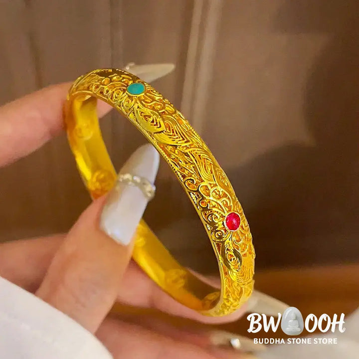 Buddha Stones Copper Plated Gold Flowers Leaves Luck Bracelet Bangle - BWOOOH - Bracelet Bangle