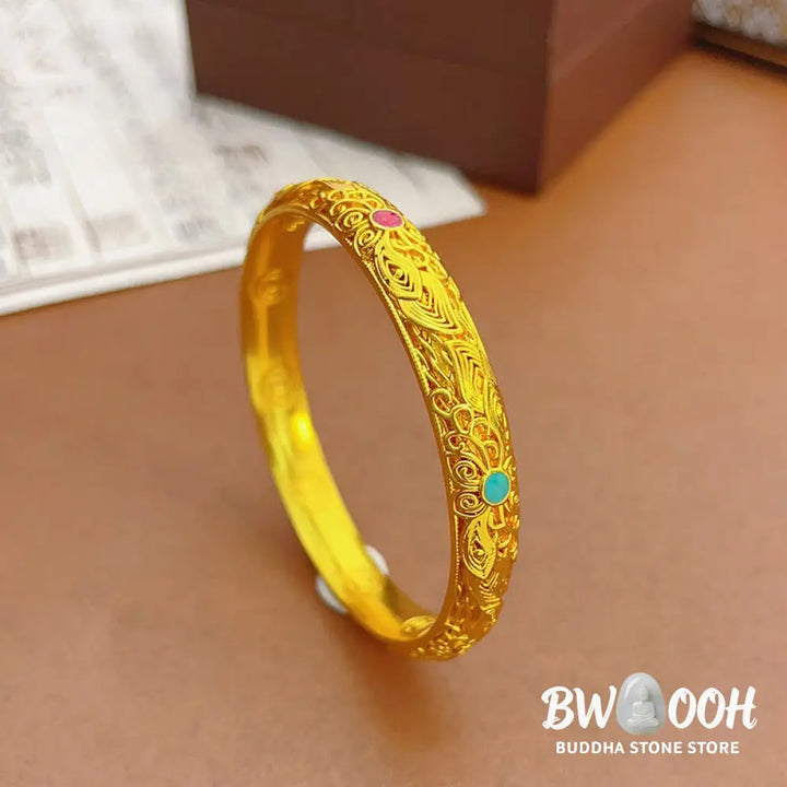 Buddha Stones Copper Plated Gold Flowers Leaves Luck Bracelet Bangle - BWOOOH - Bracelet Bangle