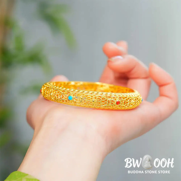 Buddha Stones Copper Plated Gold Flowers Vine Pattern Luck Bracelet Bangle 2.44 IN (62 MM) - BWOOOH - 62 mm - Bracelet