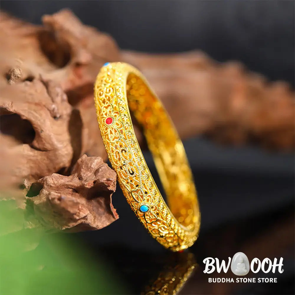 Buddha Stones Copper Plated Gold Flowers Vine Pattern Luck Bracelet Bangle 2.44 IN (62 MM) - BWOOOH - 62 mm - Bracelet