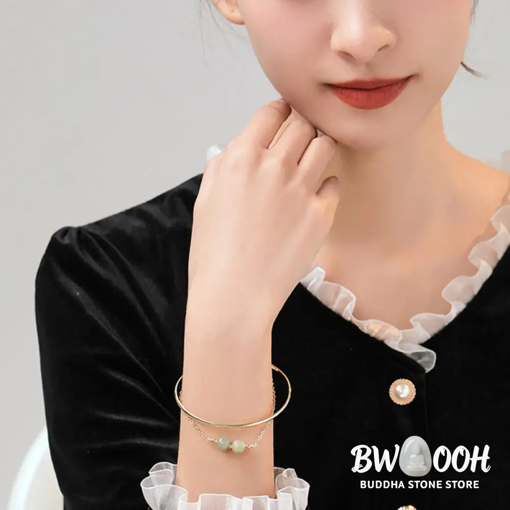 Buddha Stones Copper Plated Gold Hetian Jade Bead Luck Double Layer Bracelet Bangle - BWOOOH - Bracelet Bangle