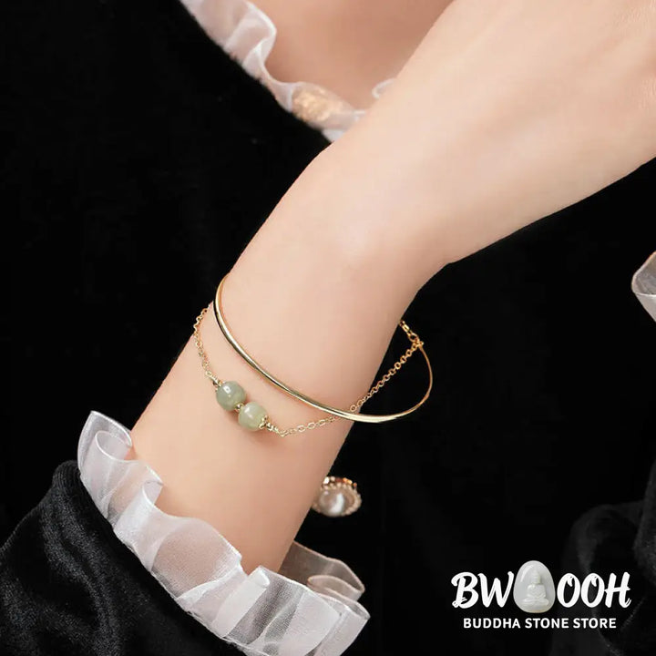 Buddha Stones Copper Plated Gold Hetian Jade Bead Luck Double Layer Bracelet Bangle - BWOOOH - Bracelet Bangle