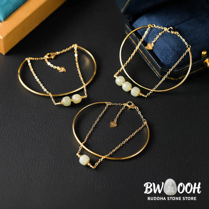Buddha Stones Copper Plated Gold Hetian Jade Bead Luck Double Layer Bracelet Bangle - BWOOOH - Bracelet Bangle