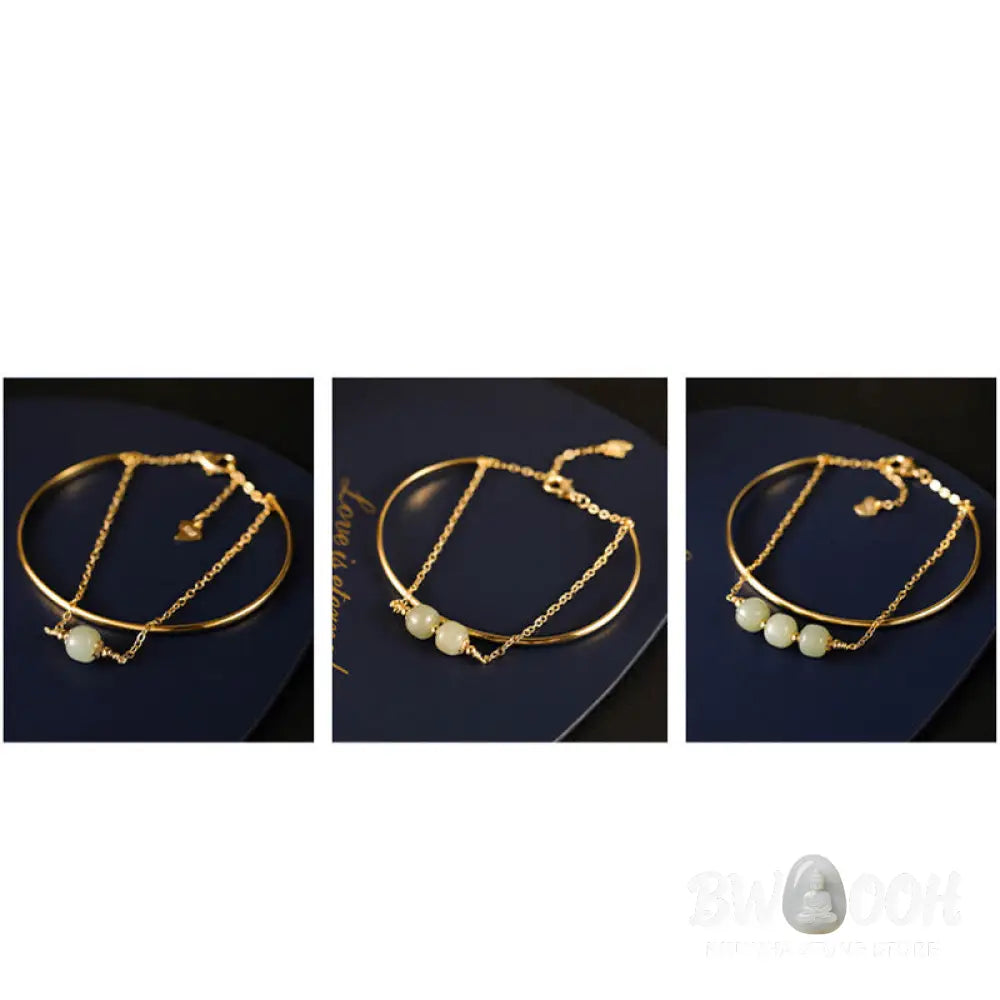 Buddha Stones Copper Plated Gold Hetian Jade Bead Luck Double Layer Bracelet Bangle - BWOOOH - Bracelet Bangle