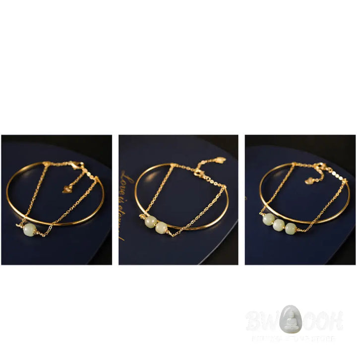 Buddha Stones Copper Plated Gold Hetian Jade Bead Luck Double Layer Bracelet Bangle - BWOOOH - Bracelet Bangle