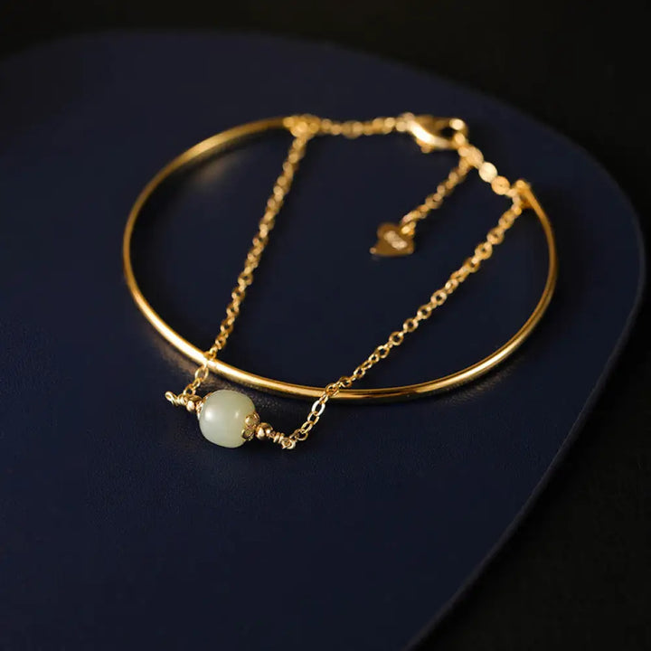 Buddha Stones Copper Plated Gold Hetian Jade Bead Luck Double Layer Bracelet Bangle - BWOOOH - Hetian Jade One