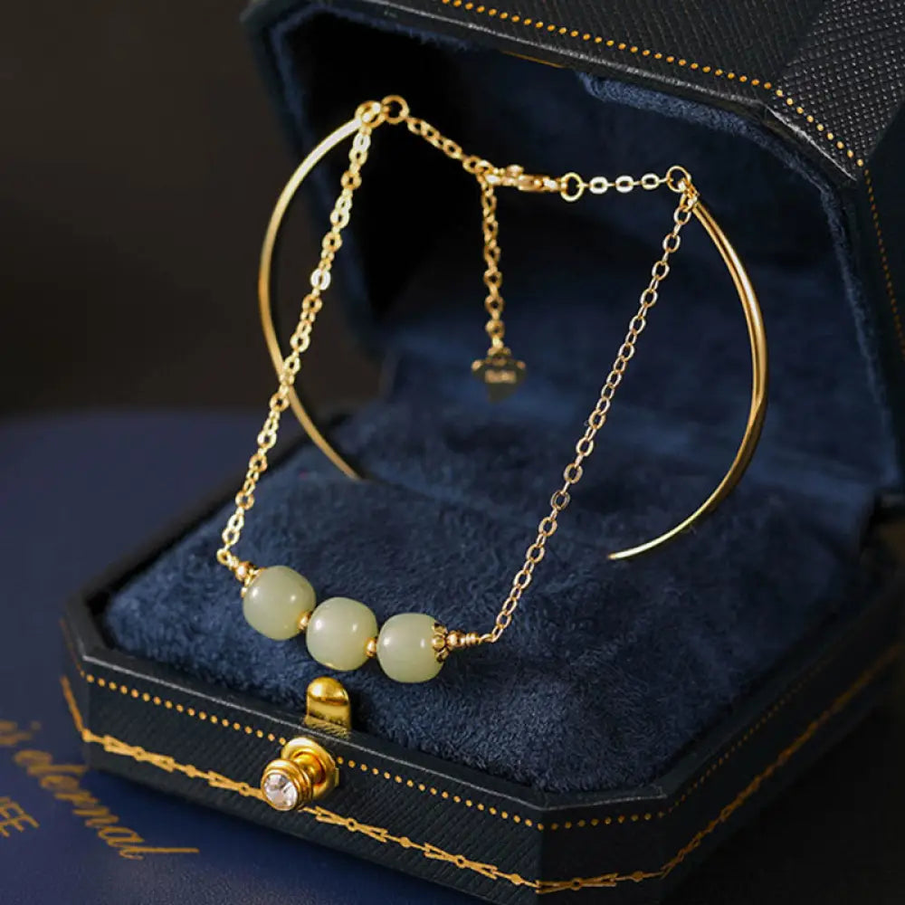 BWOOOH Copper Plated Gold Hetian Jade Bead Luck Double Layer Bracelet Bangle - BWOOOH - Hetian Jade Three