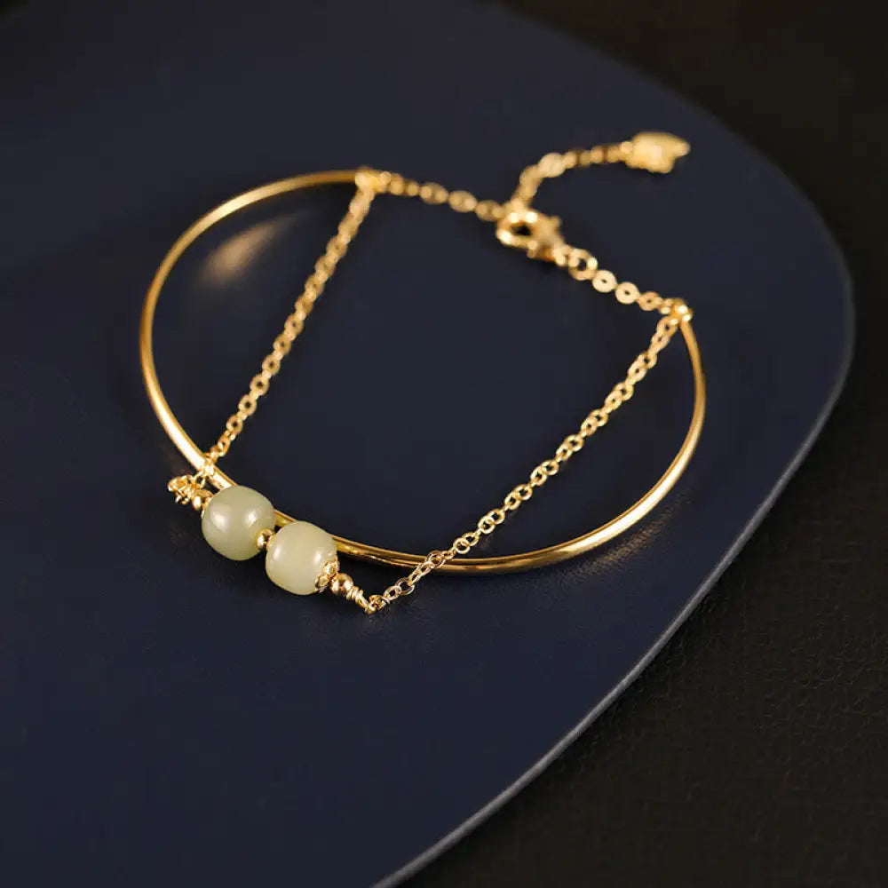Buddha Stones Copper Plated Gold Hetian Jade Bead Luck Double Layer Bracelet Bangle - BWOOOH - Hetian Jade Two