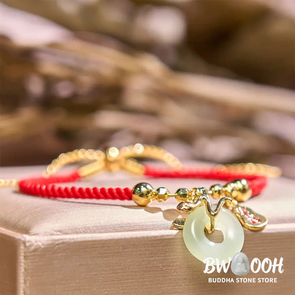 Buddha Stones Copper Plated Gold Jade Peace Buckle Fu Character Year Of The Snake Red String Luck Bracelet - BWOOOH