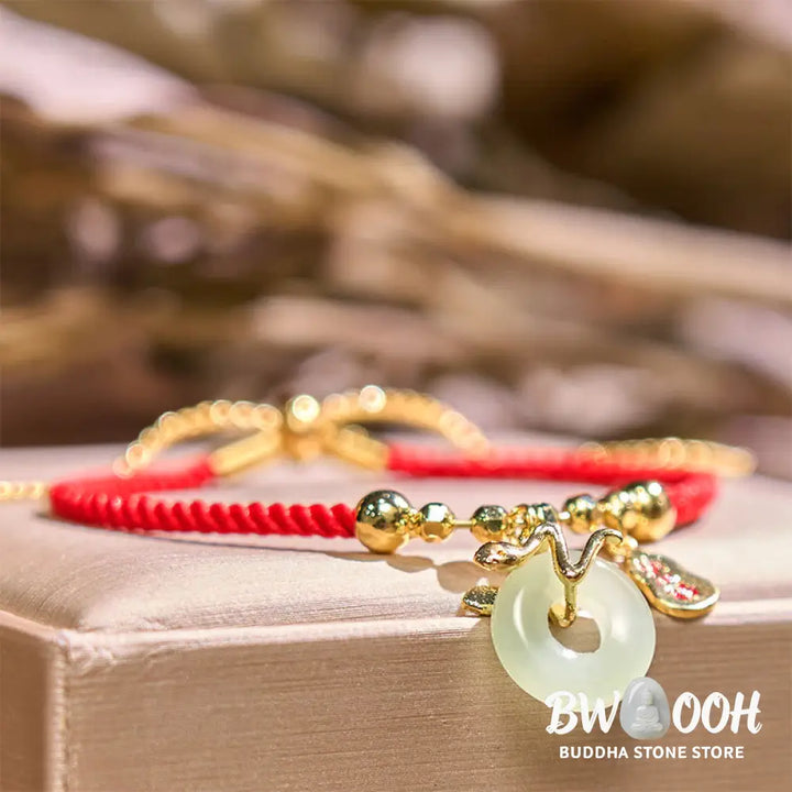 Buddha Stones Copper Plated Gold Jade Peace Buckle Fu Character Year Of The Snake Red String Luck Bracelet - BWOOOH