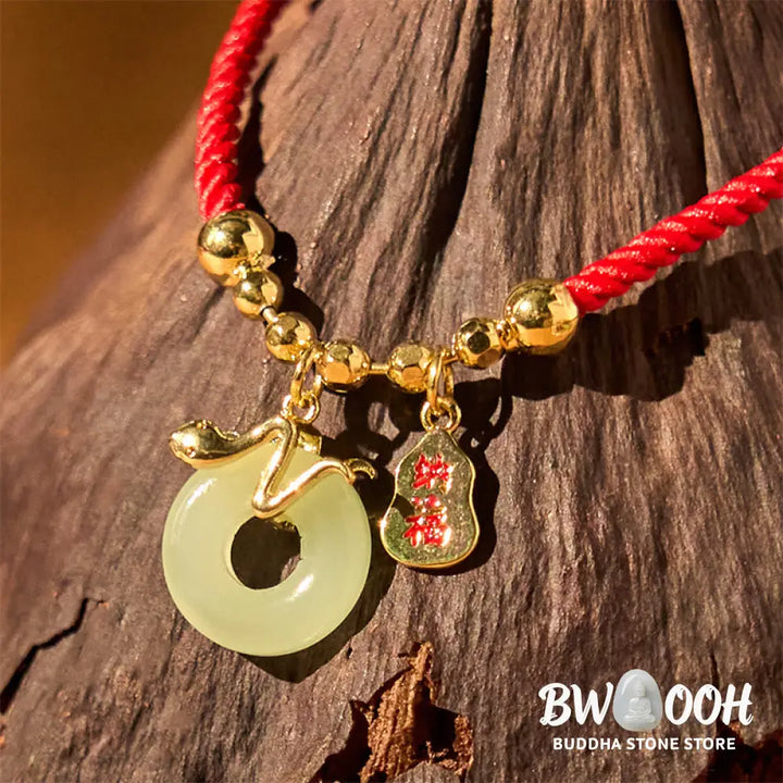 Buddha Stones Copper Plated Gold Jade Peace Buckle Fu Character Year Of The Snake Red String Luck Bracelet - BWOOOH