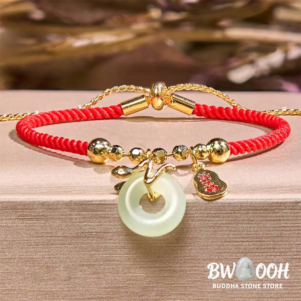 Buddha Stones Copper Plated Gold Jade Peace Buckle Fu Character Year Of The Snake Red String Luck Bracelet - BWOOOH