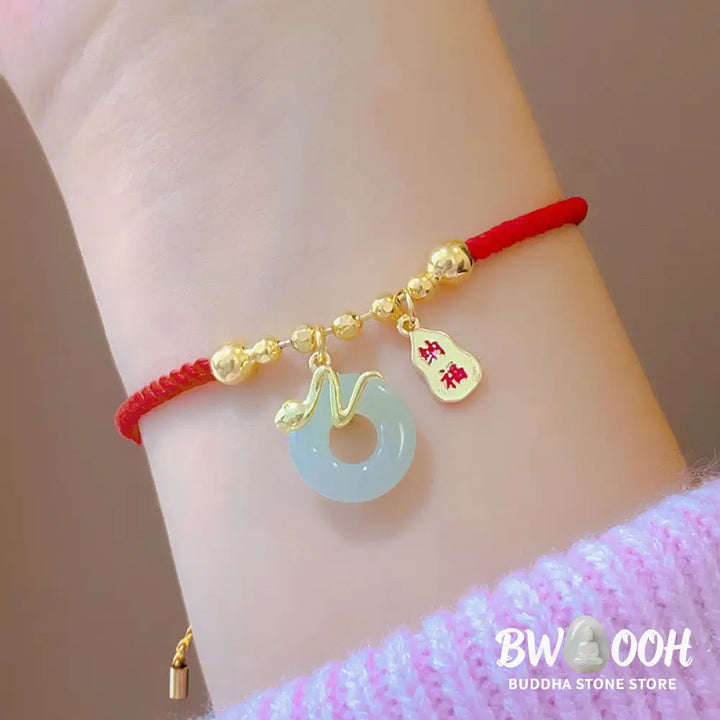 Buddha Stones Copper Plated Gold Jade Peace Buckle Fu Character Year Of The Snake Red String Luck Bracelet - BWOOOH