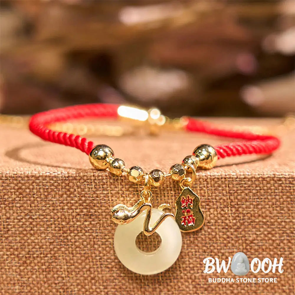 Buddha Stones Copper Plated Gold Jade Peace Buckle Fu Character Year Of The Snake Red String Luck Bracelet - BWOOOH
