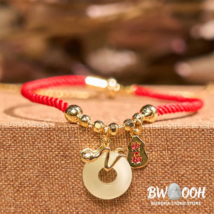 Buddha Stones Copper Plated Gold Jade Peace Buckle Fu Character Year Of The Snake Red String Luck Bracelet - BWOOOH