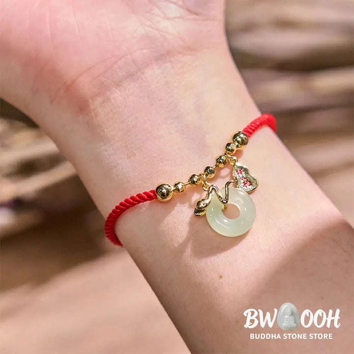 Buddha Stones Copper Plated Gold Jade Peace Buckle Fu Character Year Of The Snake Red String Luck Bracelet - BWOOOH