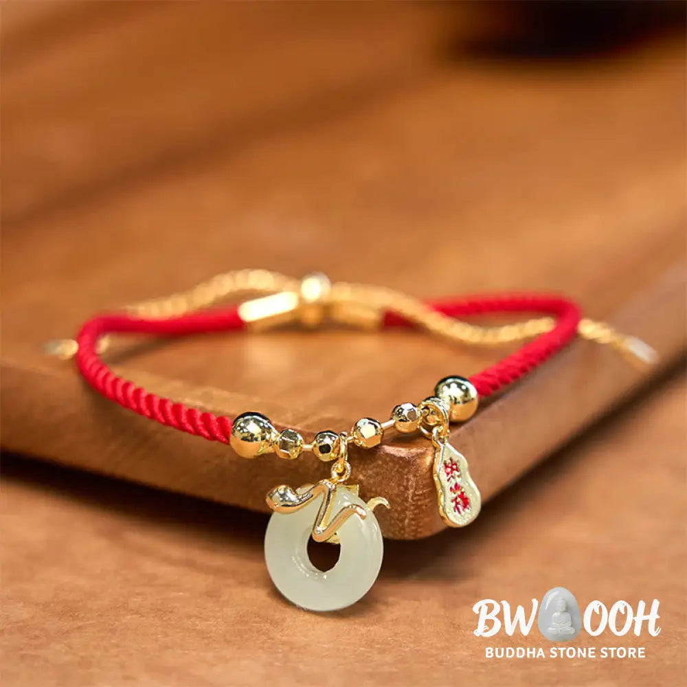 Buddha Stones Copper Plated Gold Jade Peace Buckle Fu Character Year Of The Snake Red String Luck Bracelet - BWOOOH