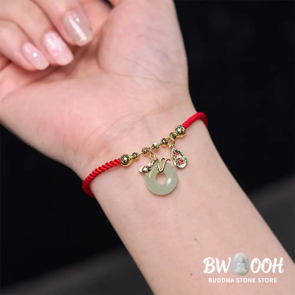 Buddha Stones Copper Plated Gold Jade Peace Buckle Fu Character Year Of The Snake Red String Luck Bracelet - BWOOOH