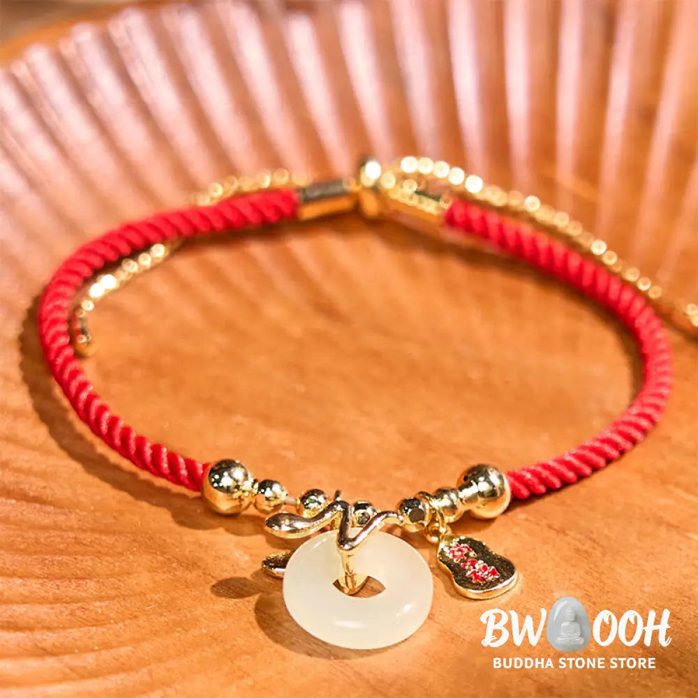 Buddha Stones Copper Plated Gold Jade Peace Buckle Fu Character Year Of The Snake Red String Luck Bracelet - BWOOOH