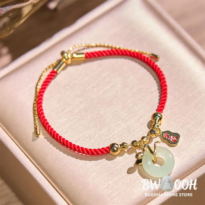 Buddha Stones Copper Plated Gold Jade Peace Buckle Fu Character Year Of The Snake Red String Luck Bracelet - BWOOOH