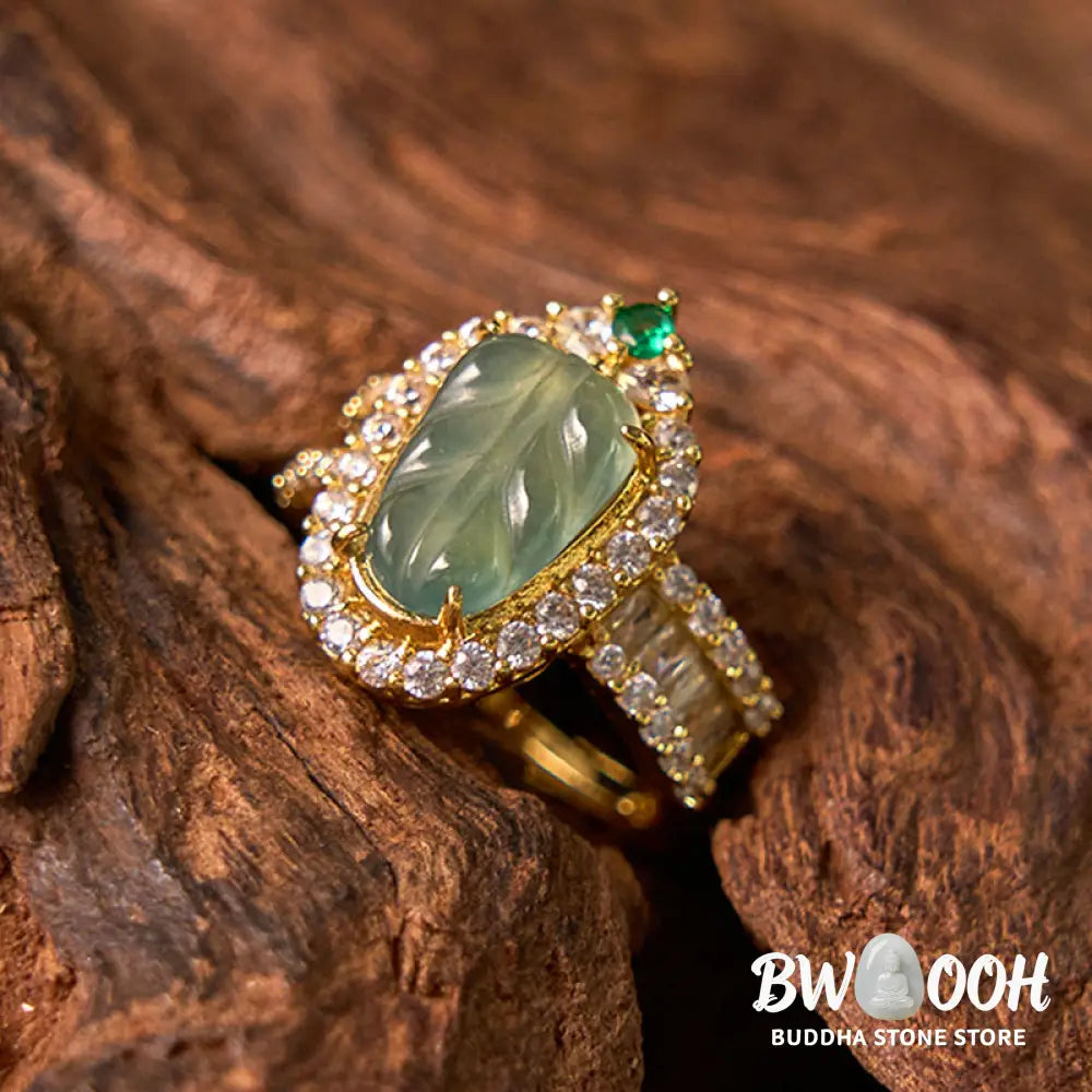 Buddha Stones Copper Plated Gold Natural Jade Leaf Full Diamond Luck Adjustable Ring - Jade(Circumference: 58-62mm)