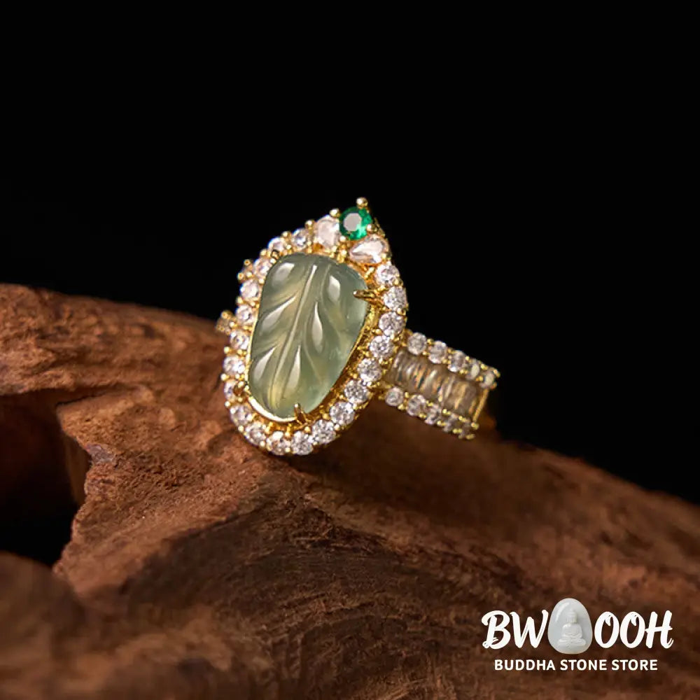 Buddha Stones Copper Plated Gold Natural Jade Leaf Full Diamond Luck Adjustable Ring - Jade(Circumference: 58-62mm)