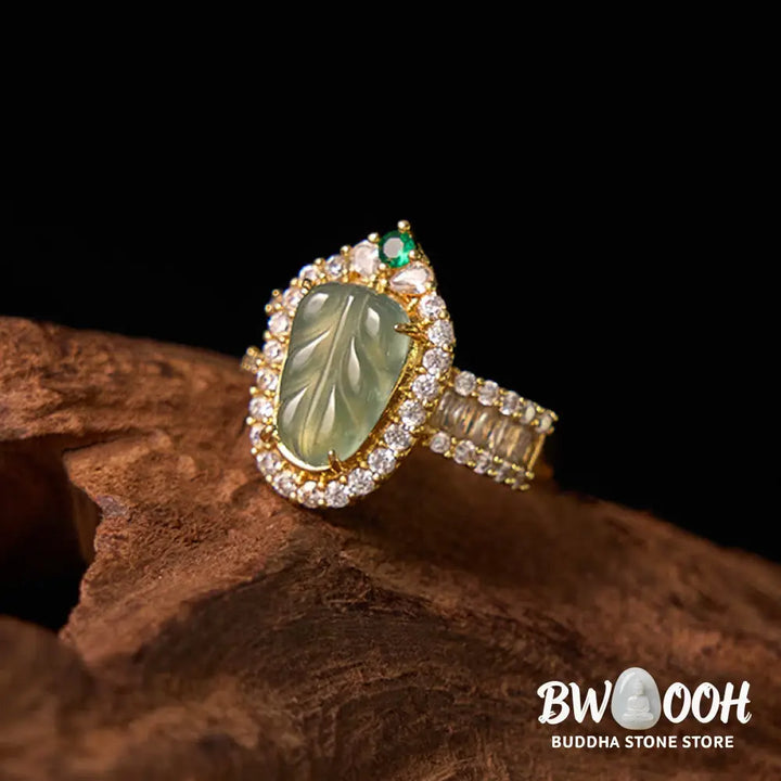 Buddha Stones Copper Plated Gold Natural Jade Leaf Full Diamond Luck Adjustable Ring - Jade(Circumference: 58-62mm)