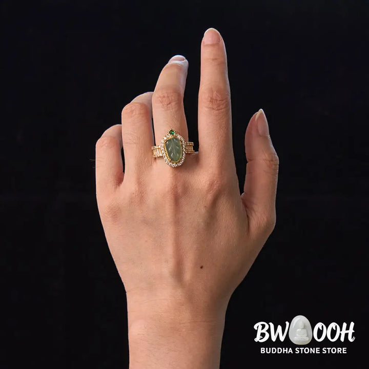 Buddha Stones Copper Plated Gold Natural Jade Leaf Full Diamond Luck Adjustable Ring - Jade(Circumference: 58-62mm)