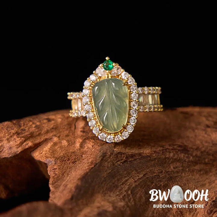 Buddha Stones Copper Plated Gold Natural Jade Leaf Full Diamond Luck Adjustable Ring - Jade(Circumference: 58-62mm)