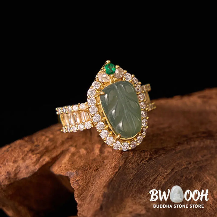 Buddha Stones Copper Plated Gold Natural Jade Leaf Full Diamond Luck Adjustable Ring - Jade(Circumference: 58-62mm)
