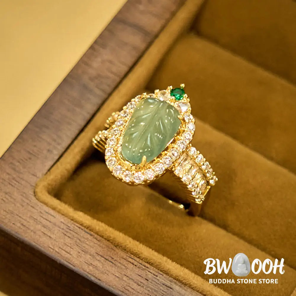 Buddha Stones Copper Plated Gold Natural Jade Leaf Full Diamond Luck Adjustable Ring - Jade(Circumference: 58-62mm)