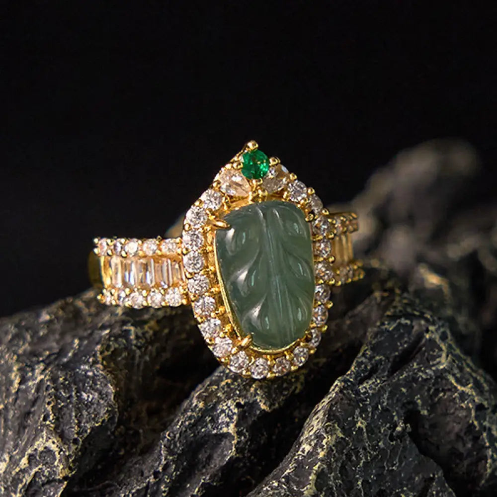 BWOOOH Copper Plated Gold Natural Jade Leaf Full Diamond Luck Adjustable Ring — Copper spiritual jewelry for spiritual hea...