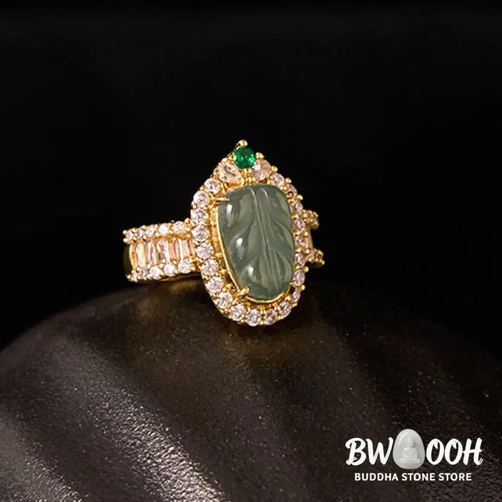 Buddha Stones Copper Plated Gold Natural Jade Leaf Full Diamond Luck Adjustable Ring - Jade(Circumference: 58-62mm)