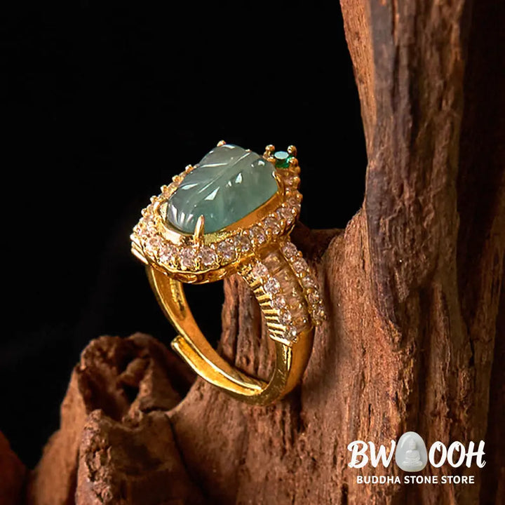 Buddha Stones Copper Plated Gold Natural Jade Leaf Full Diamond Luck Adjustable Ring - Jade(Circumference: 58-62mm)
