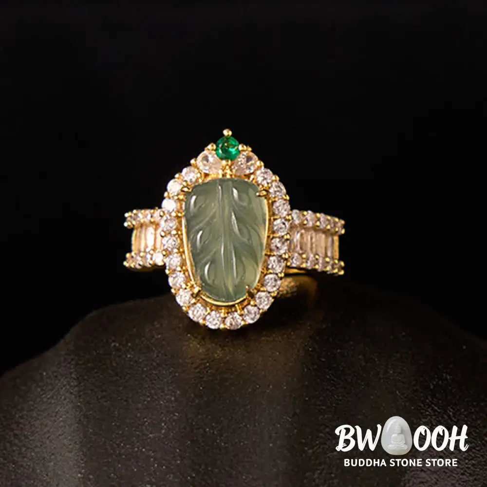 Buddha Stones Copper Plated Gold Natural Jade Leaf Full Diamond Luck Adjustable Ring - Jade(Circumference: 58-62mm)