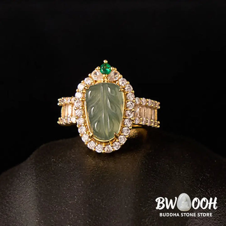 Buddha Stones Copper Plated Gold Natural Jade Leaf Full Diamond Luck Adjustable Ring - Jade(Circumference: 58-62mm)
