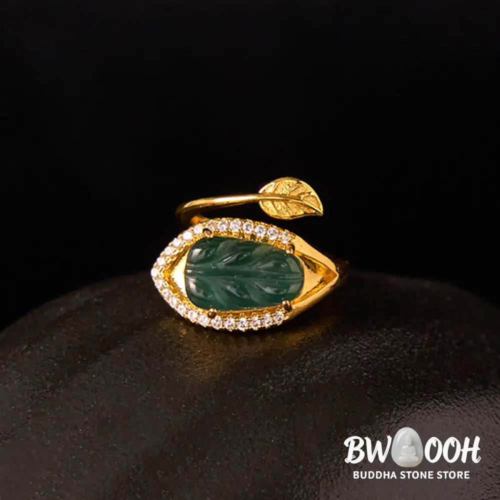 Buddha Stones Copper Plated Gold Natural Jade Leaf Prosperity Adjustable Ring - Jade(Inner Circumference: 58-62mm)