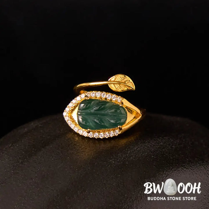 Buddha Stones Copper Plated Gold Natural Jade Leaf Prosperity Adjustable Ring - Jade(Inner Circumference: 58-62mm)