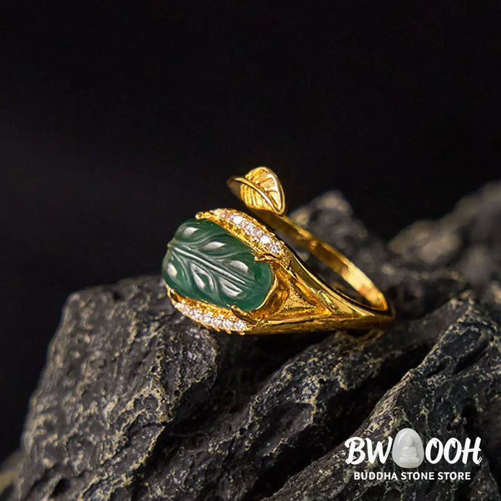 Buddha Stones Copper Plated Gold Natural Jade Leaf Prosperity Adjustable Ring - Jade(Inner Circumference: 58-62mm)