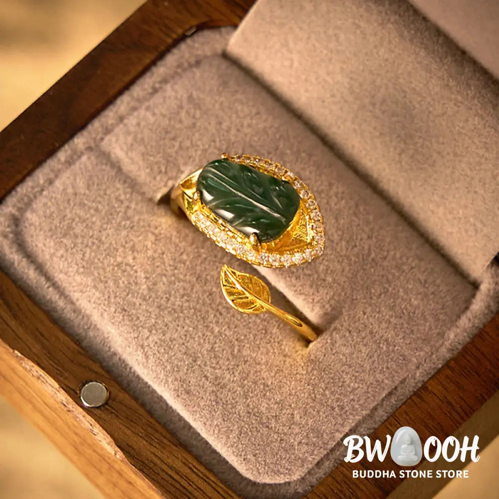 Buddha Stones Copper Plated Gold Natural Jade Leaf Prosperity Adjustable Ring - Jade(Inner Circumference: 58-62mm)