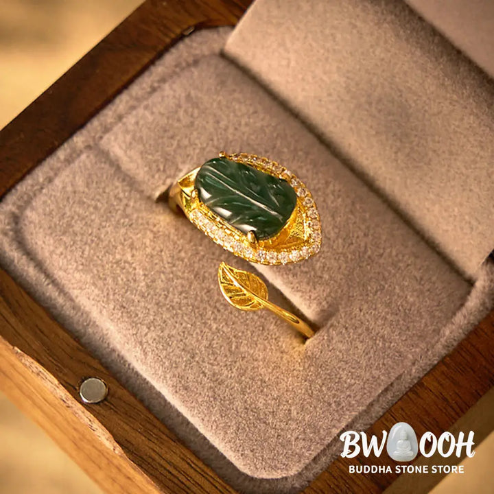 Buddha Stones Copper Plated Gold Natural Jade Leaf Prosperity Adjustable Ring - Jade(Inner Circumference: 58-62mm)