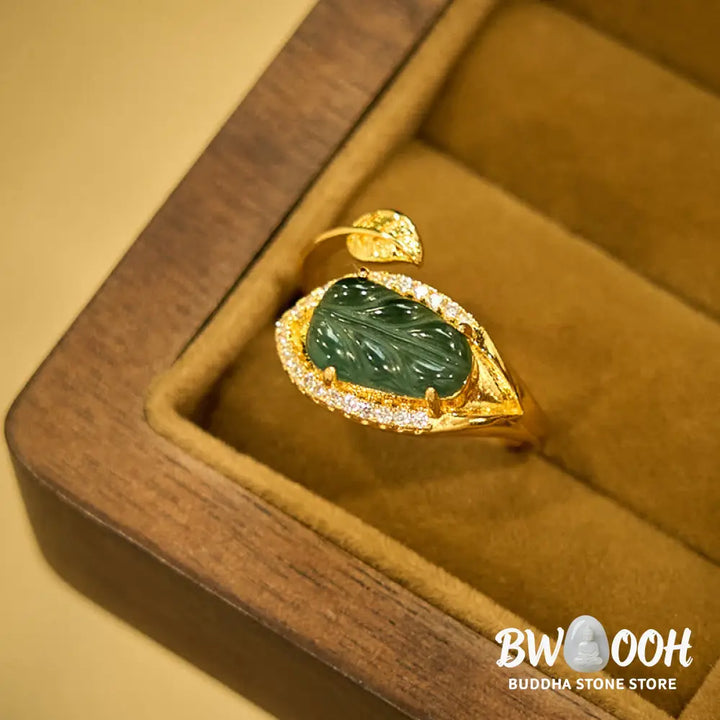 Buddha Stones Copper Plated Gold Natural Jade Leaf Prosperity Adjustable Ring - Jade(Inner Circumference: 58-62mm)