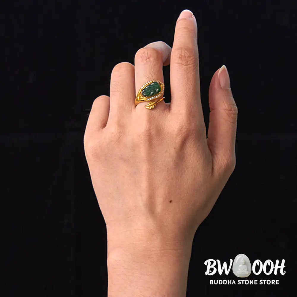 Buddha Stones Copper Plated Gold Natural Jade Leaf Prosperity Adjustable Ring - Jade(Inner Circumference: 58-62mm)