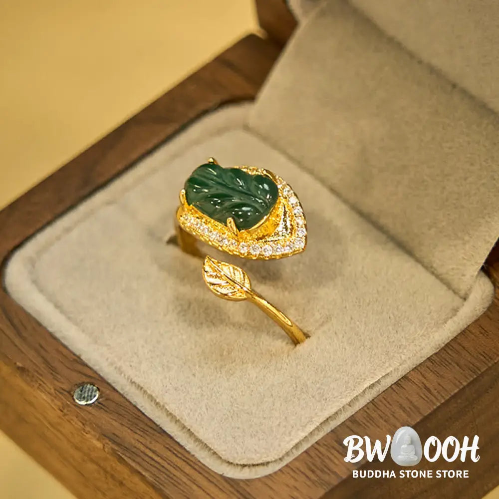 Buddha Stones Copper Plated Gold Natural Jade Leaf Prosperity Adjustable Ring - Jade(Inner Circumference: 58-62mm)