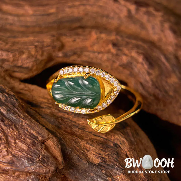 Buddha Stones Copper Plated Gold Natural Jade Leaf Prosperity Adjustable Ring - Jade(Inner Circumference: 58-62mm)