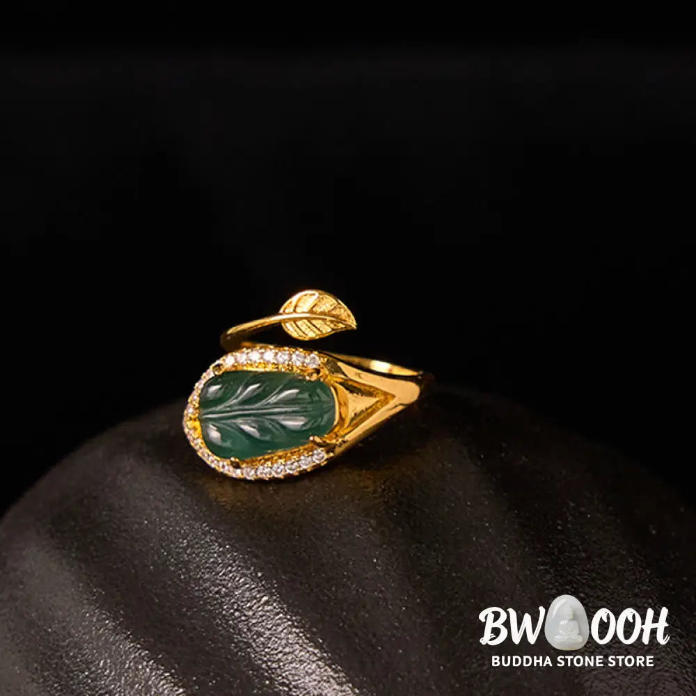 Buddha Stones Copper Plated Gold Natural Jade Leaf Prosperity Adjustable Ring - Jade(Inner Circumference: 58-62mm)