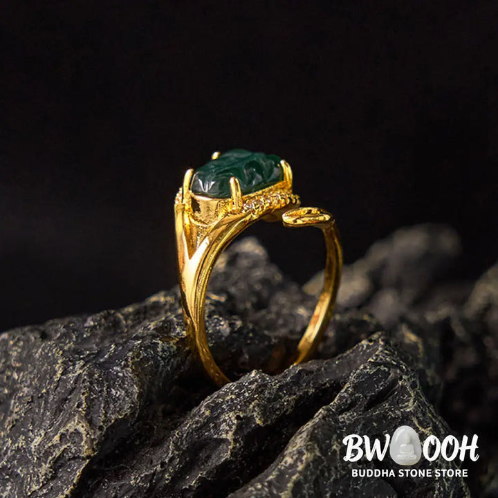 Buddha Stones Copper Plated Gold Natural Jade Leaf Prosperity Adjustable Ring - Jade(Inner Circumference: 58-62mm)