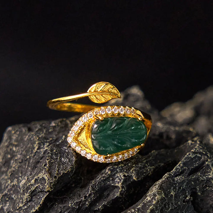 BWOOOH Copper Plated Gold Natural Jade Leaf Prosperity Adjustable Ring — Copper spiritual jewelry for spiritual healing an...